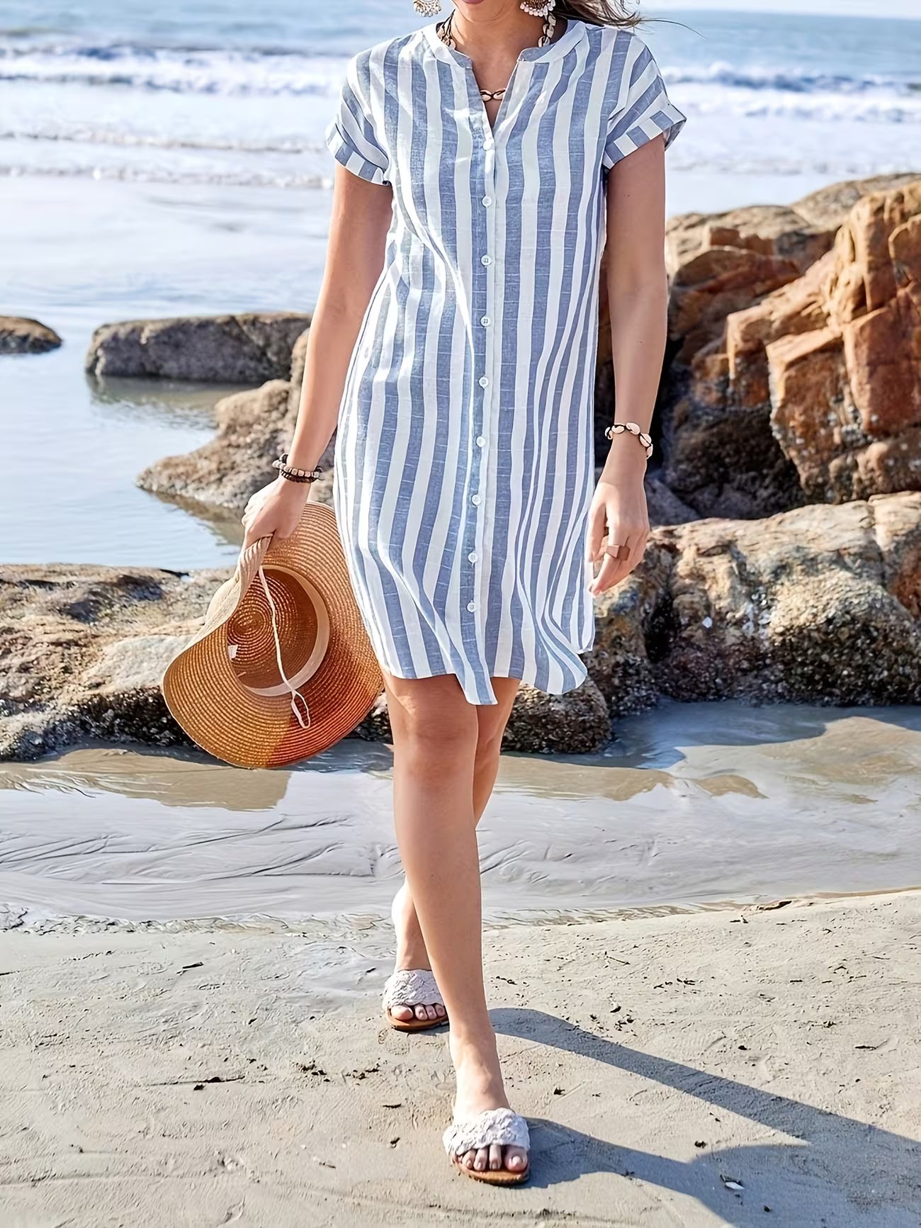 Women's Striped V-neck Knee-length Summer Dress Trousers