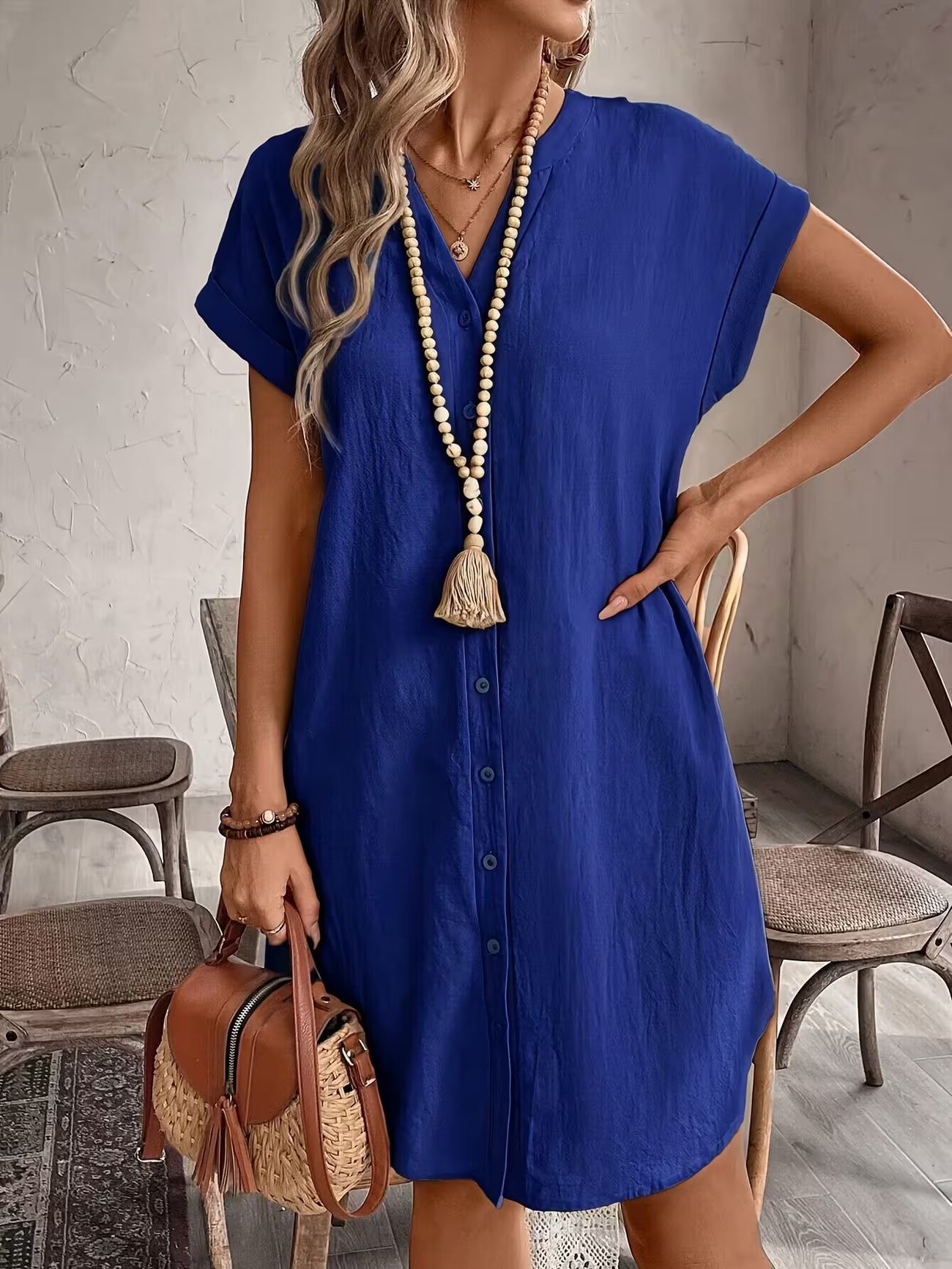 Women's Elegant V-neck Button Loose Fit Midi Dress Shirt