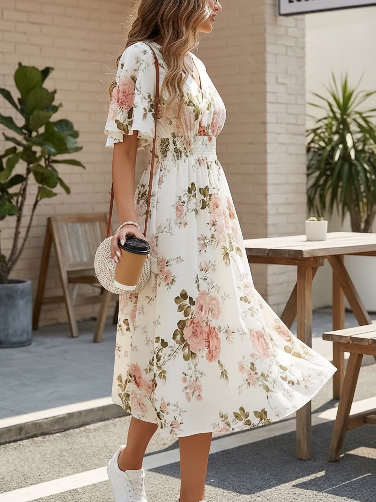 Women's Floral Wrap Waist Tie Midi Dress Trousers