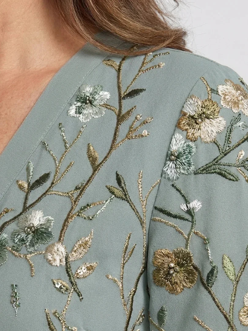 Women Green Floral V Neck Short Sleeve Maxi Dress