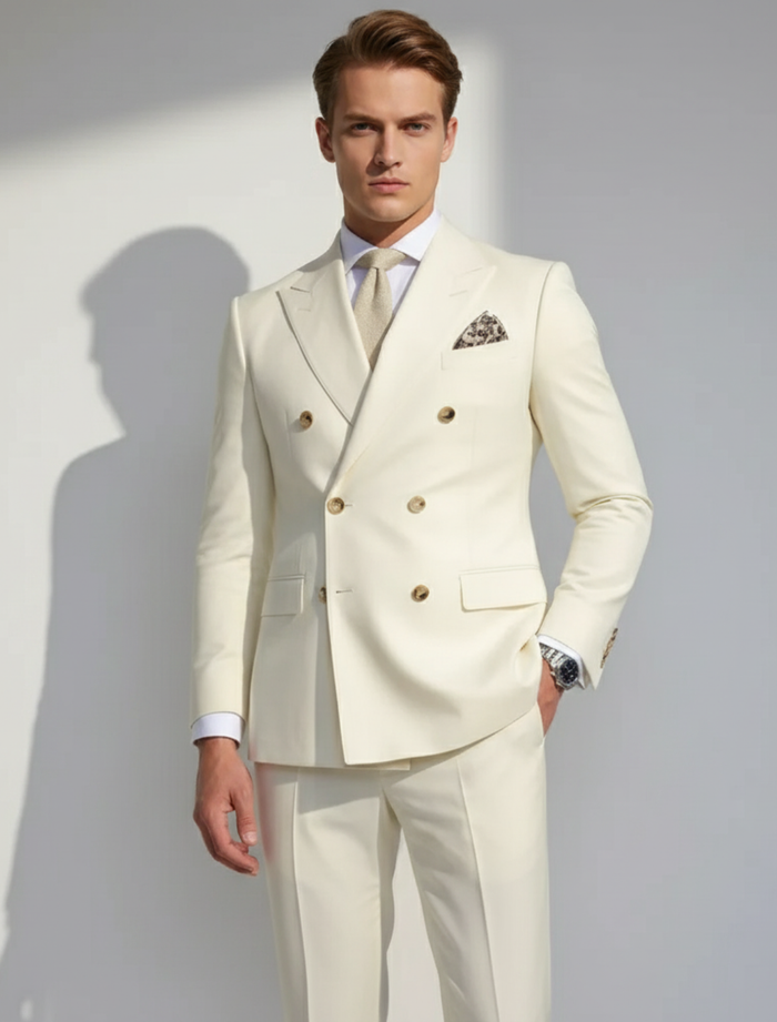 Men's Double Breasted Suit – Textured Beige, Tailored Fit