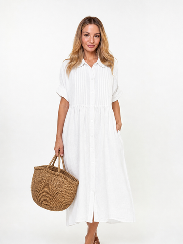 Women's White Collared Button Midi Dress