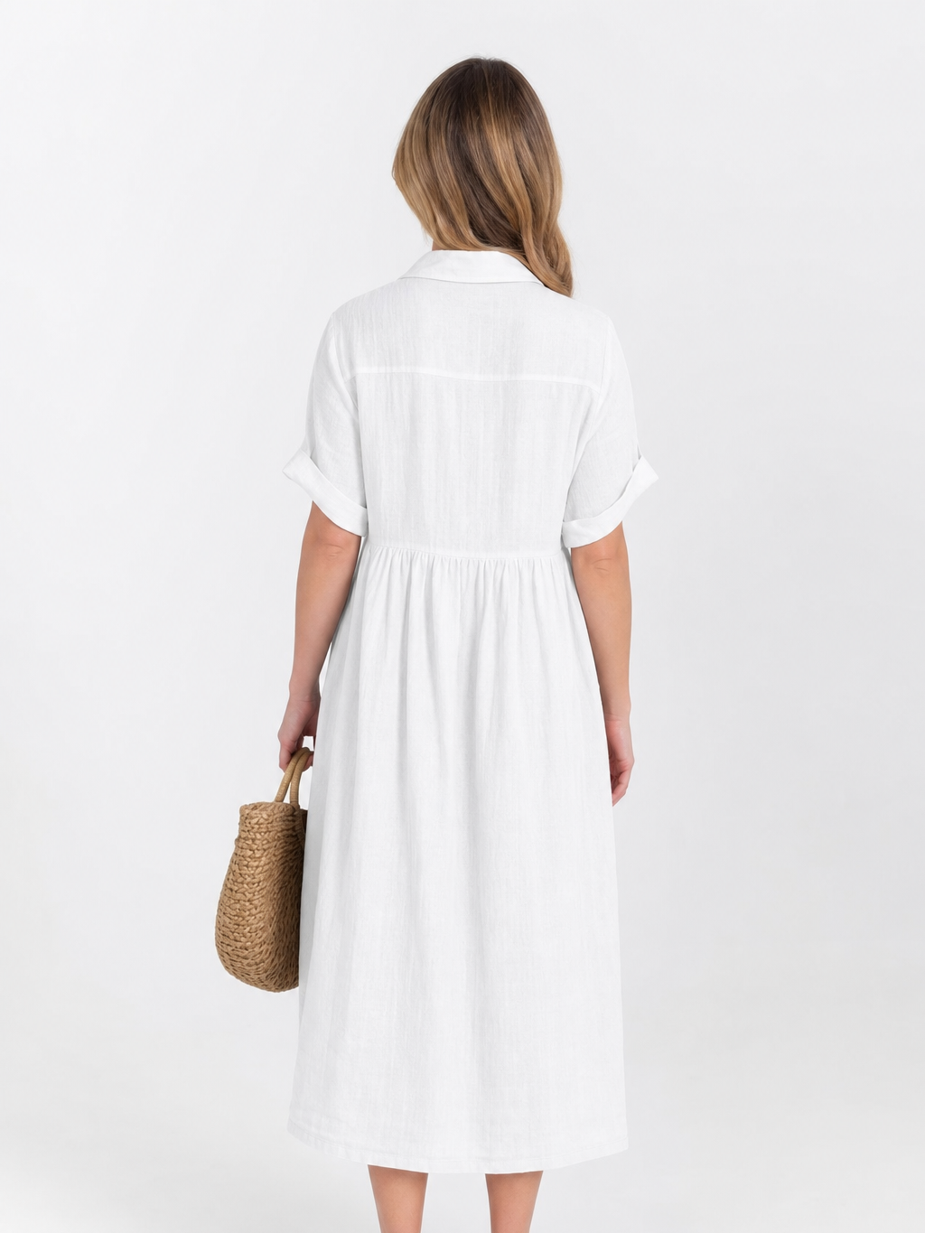Women's White Collared Button Midi Dress