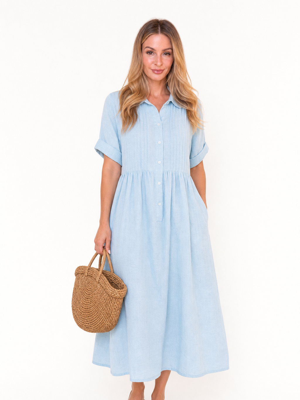 Women's White Collared Button Midi Dress