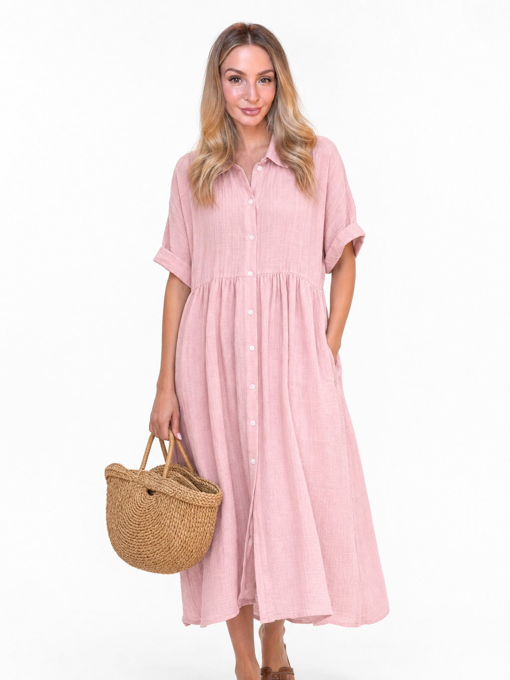 Women's White Collared Button Midi Dress