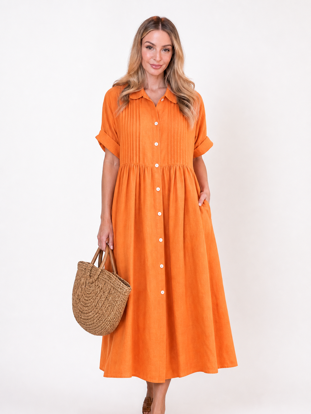 Women's White Collared Button Midi Dress