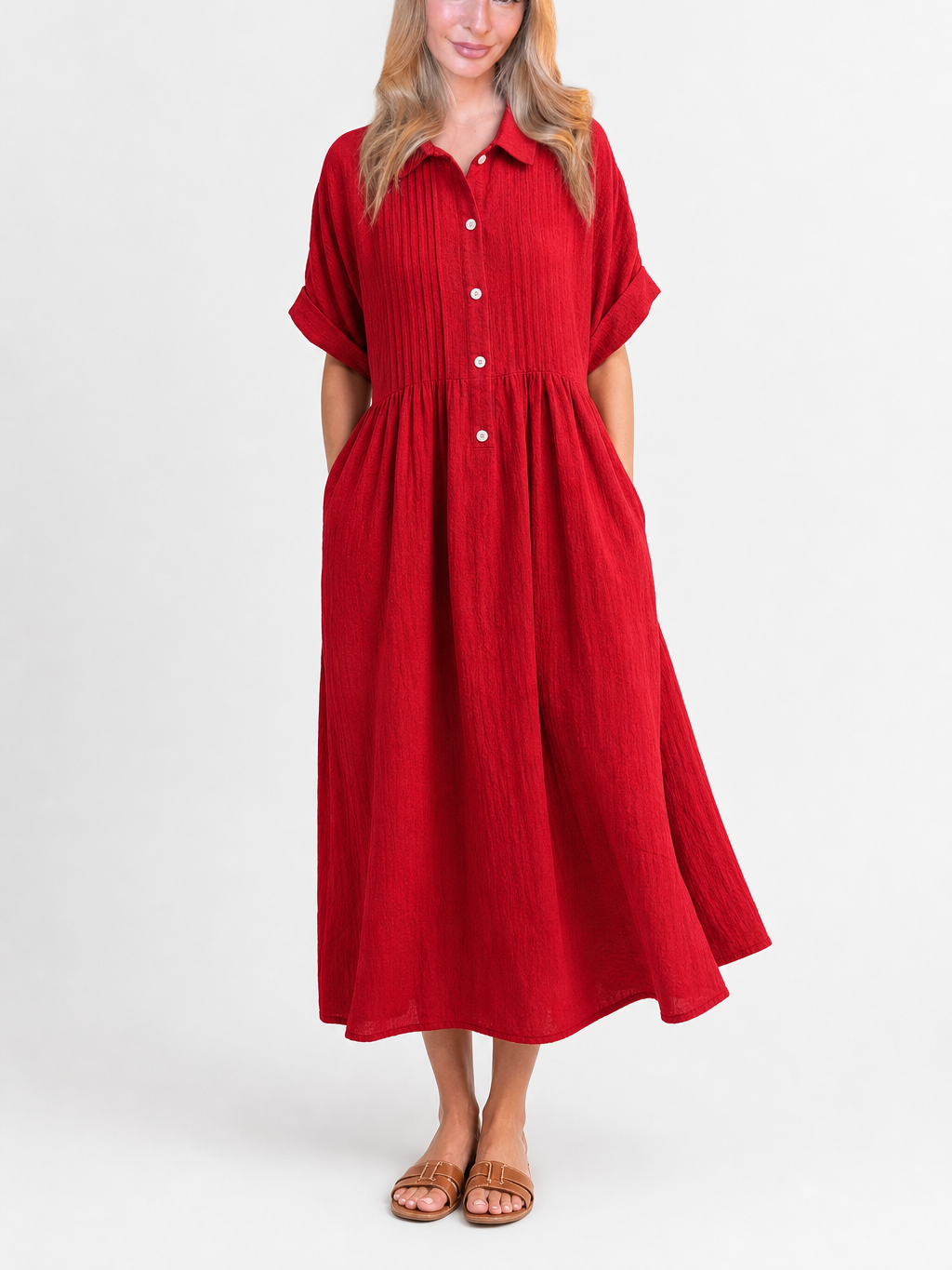 Women's White Collared Button Midi Dress