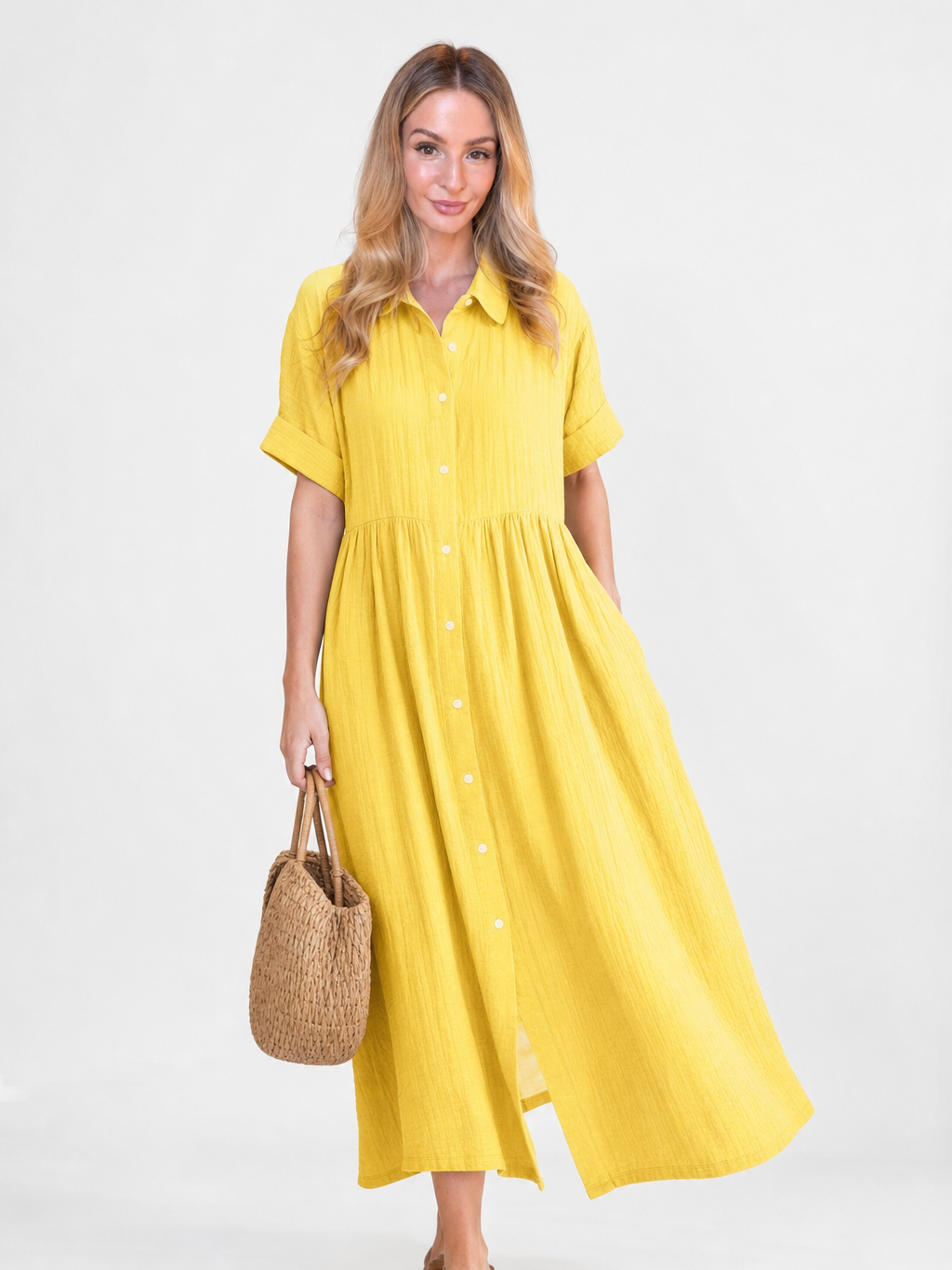 Women's White Collared Button Midi Dress