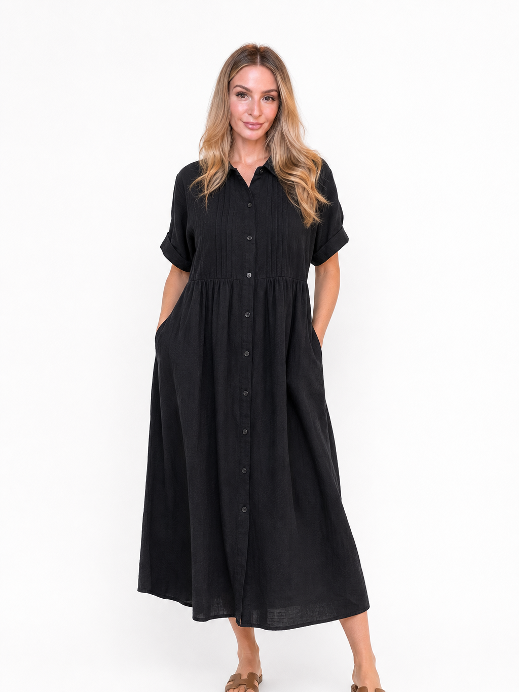 Women's White Collared Button Midi Dress