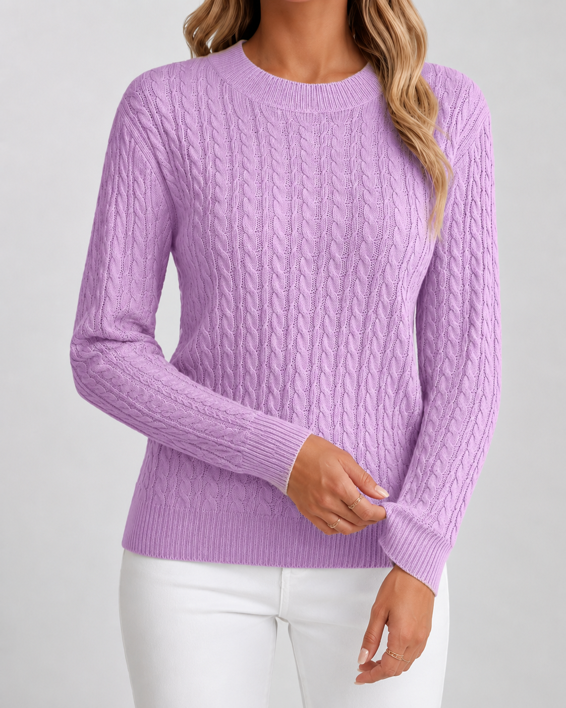 Women's Cable Knit Jumper – Crew Neck, Ribbed Cuffs